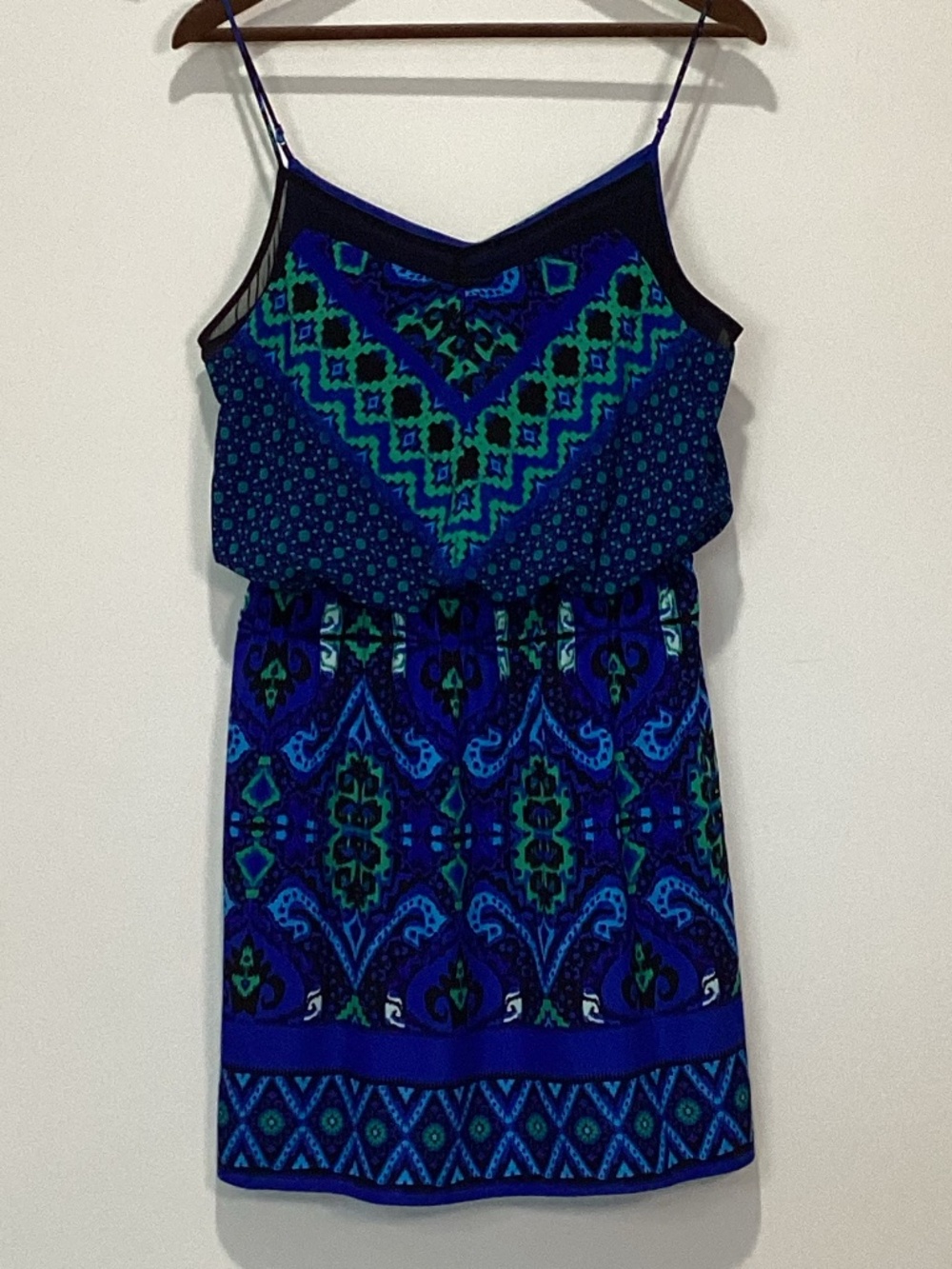 Express Blouson Mini Dress in Cobalt Blue and Green Medium EUC - Picture 3 of 4